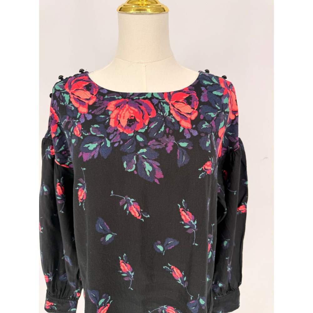 Maeve Floral Rose Print Button Shoulder Long Sleeve Blouse Top Womens‎